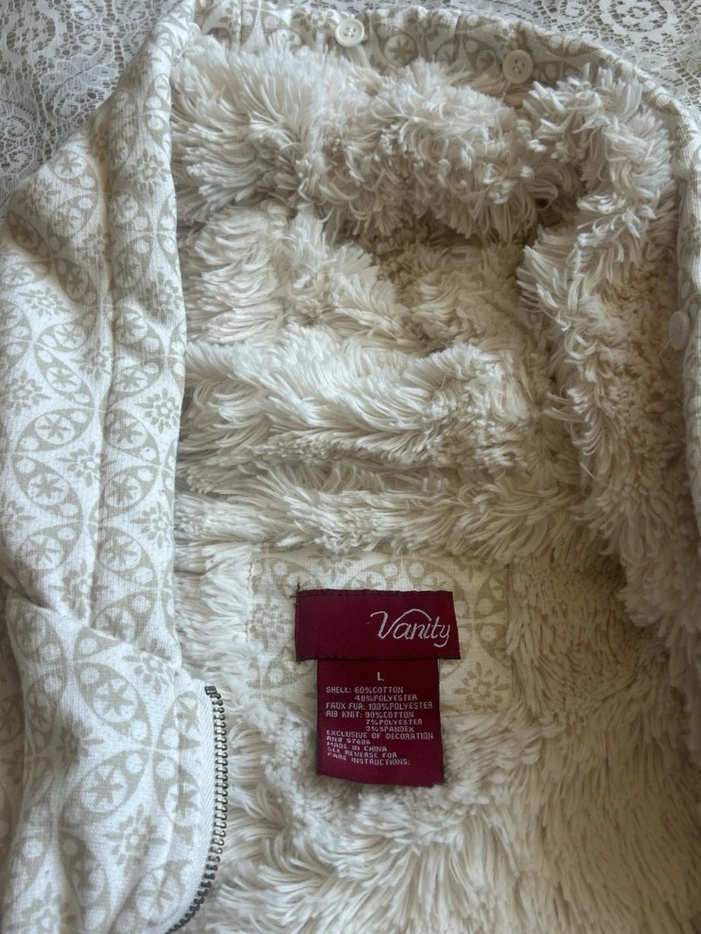 Vanity Cream and Beige Patterned Sherpa Zip Hoodie